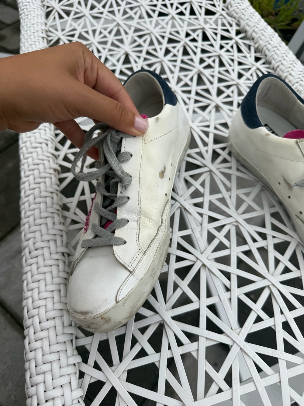 Golden Goose women’s White Leather Sneakers with Pink Glitter Star and Navy Heel - Picture 7 of 13